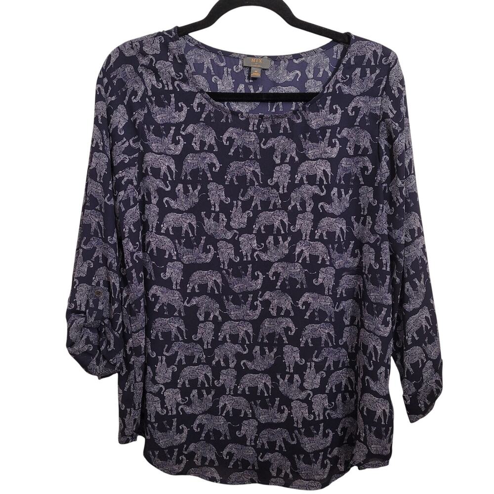 MIX Women’s Medium Navy Elephant Print Blouse Tunic 3/4 Sleeve Lightweight